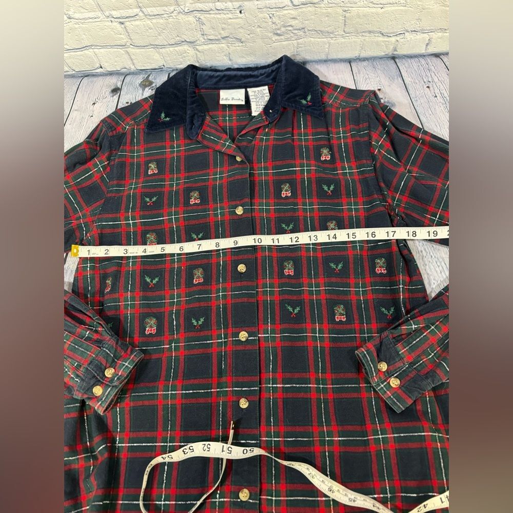Bobbie Brooks Velvet Collar Embroidered Plaid Holiday Button Up 80s Top Size S - Picture 7 of 8